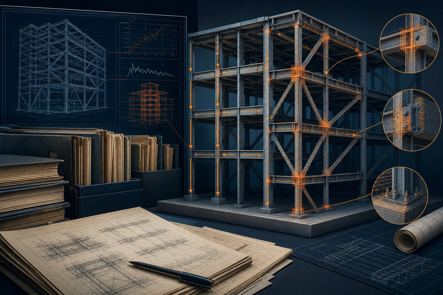 Illustrazione editoriale di una struttura sottoposta a verifiche dei percorsi di carico e dei dettagli costruttivi