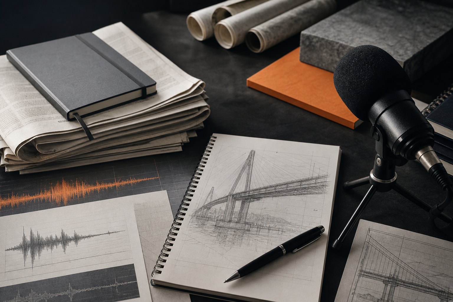 Illustrazione editoriale con microfono, documenti, tracciati sismici e disegni di strutture